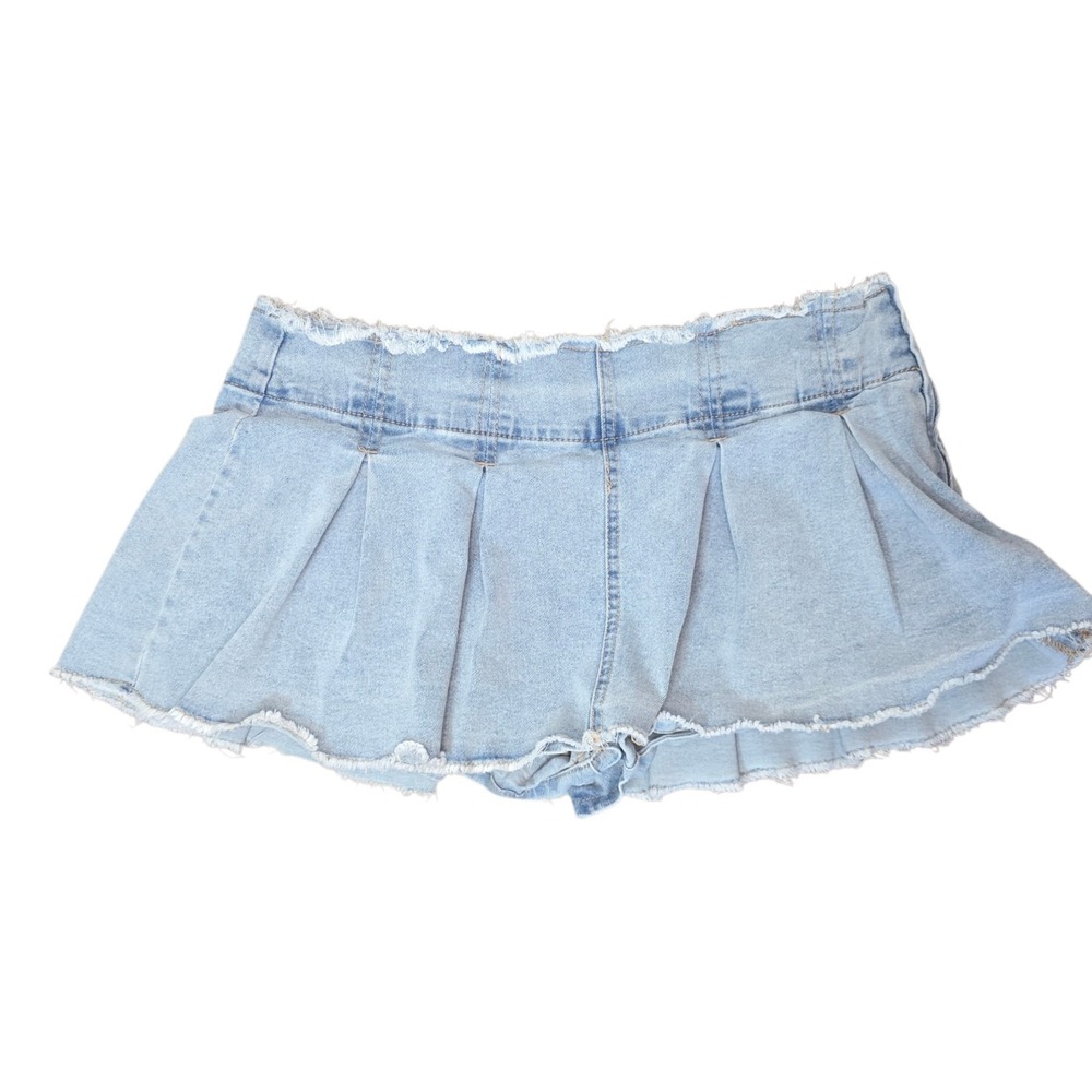 Almost Famous Womens XL Blue Denim Pleated Micro Mini Skirt Frayed Hem Y2K
